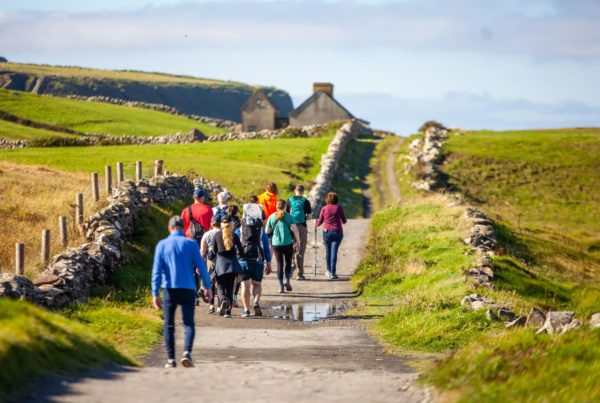 Group hiking along a scenic rural path with stone walls and green fields under a clear blue sky.