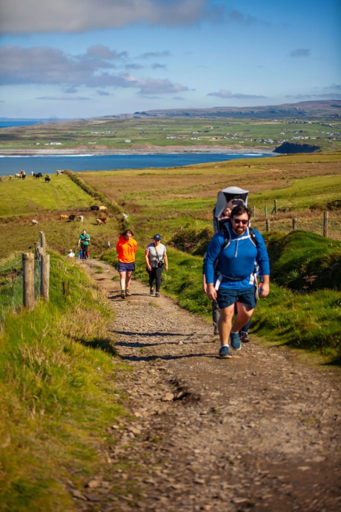 AKphoto (162) People hiking on a scenic coastal path in the countryside under a sunny blue sky, with cows grazing nearby.